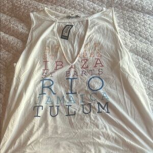 Express White Graphic V-Neck Tank Top with Multicolor Destination Text